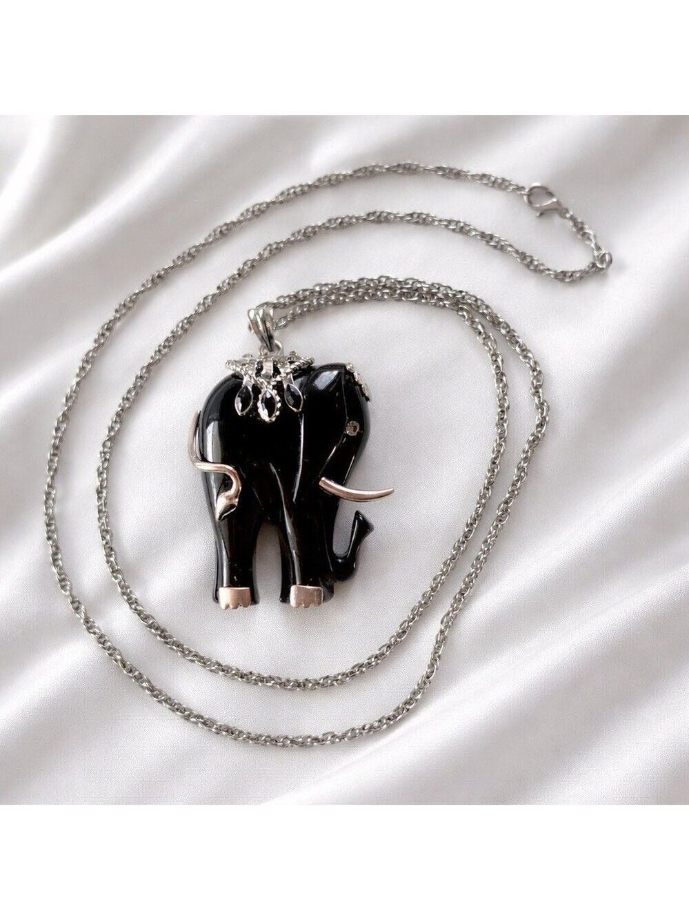 Black Elephant Pendant Necklace Silver Tone Chain Lucky Elephant Statement 34"
